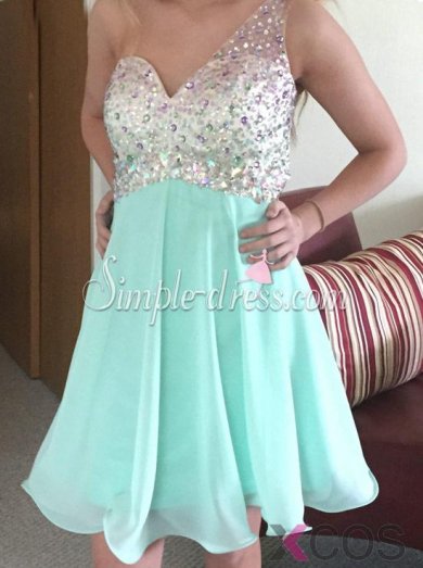 Simple-dress Hot-selling Beaded One-shoulder Mint-green Short Chiffon 2015 Homecoming Dresses/Party Dresses CHHD-70760