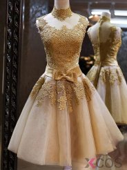 Simple Dress Elegant High Neck Gold Applique Ribbon Tulle Short Prom Dresses/Homecoming Dresses/Party Dresses TUPD-7022