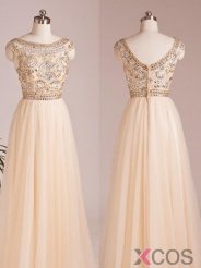 2015 Latest A-line Scoop Capped Floor Length Chiffon Beading Prom Dress CHPD-7333