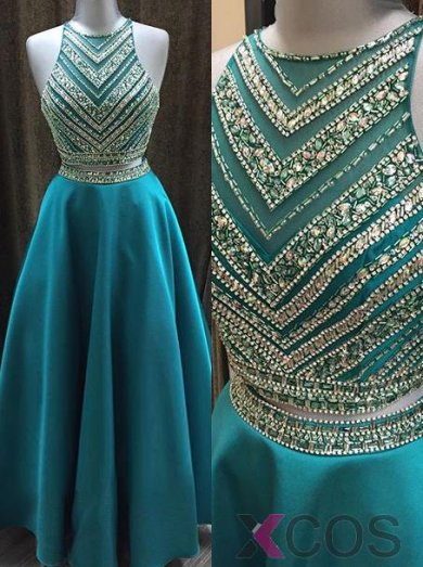 Two Pieces Beaded Crew Neck Prom Dress-Zipper-up Satin Long Prom Dress