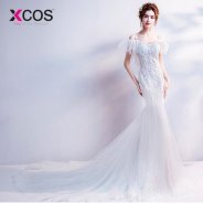 XCOS Sexy White Wedding Dress Mermaid 2018 Real Price Lace Wedding Gowns Royal Train Shop Online China vestido branco