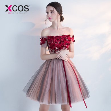 XCOS Short Prom Dress Boat Neck Flowers Beaded Formal Dress Women Occasion Party Dresses 2018 New Fashion