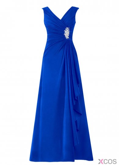 Fashion V-neck A-line Long Royal Blue Prom/Party Dress With Rhinestone