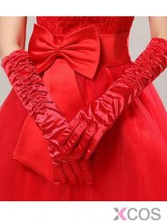 Red Elastic Satin Fingers Elbow Length Bridal Gloves