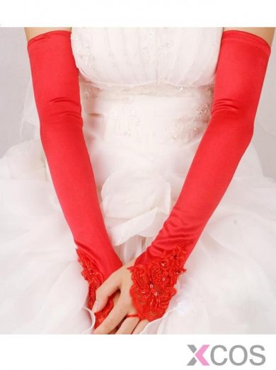 Above The Elbow Fingerless Red Elastic Satin Bridal Gloves