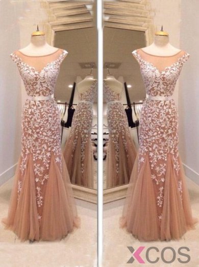 Glamorous Mermaid Bateau Tulle Floor Length Champagne Cocktail/Prom Dress With Appliques