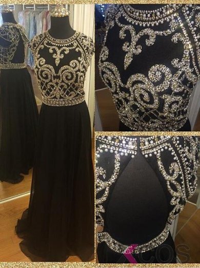 Hot-selling A-line Long Chiffon Beaded Prom dress-Black Open Back Crew Neck Prom Dress