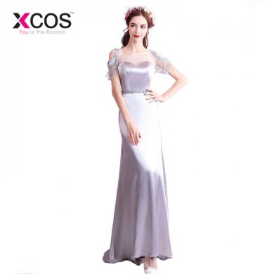 XCOS Satin Mermaid Party Dress 2018 New Arrival Beads Grey Prom Dresses Long Evening Gown Buy Direct from China