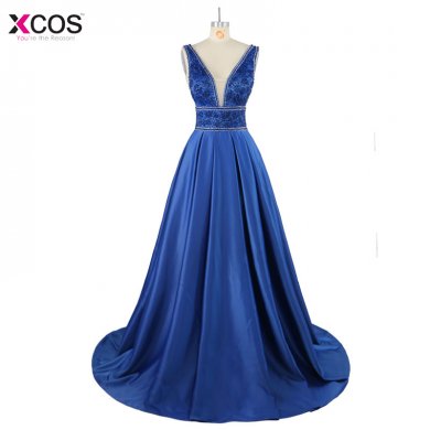 Real Photos 2018 A-Line Beaded Crystal Royal Blue Long Prom Dresses Long Evening Party Gowns Robe De Soiree