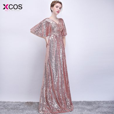 Glitter Prom Dresses 2018 Luxurious Rose Gold Vestidos De Festa Train A line Floor-Length Evening Party Gowns