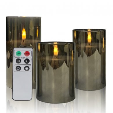 Amhui Glass Flameless Candles with Remote Battery Operated Flickering LED Pillar Candles Real Wax Wick 3 Pack D 3" H 4" 5" 6" Grey