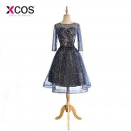 XCOS Dreamy Bling Short Homecoming Dress Navy Blue Cocktail Dresses Beaded Real Photo Long Sleeve Graduation Dresses