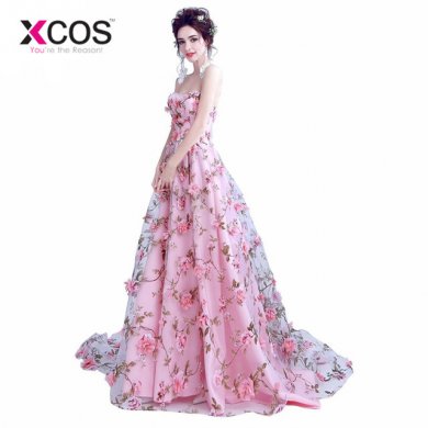 XCOS Pink Flowers Prom Dresses 2017 Long Strapless Sweetheart vestido de formatura longo Evening Gown Party Halloween