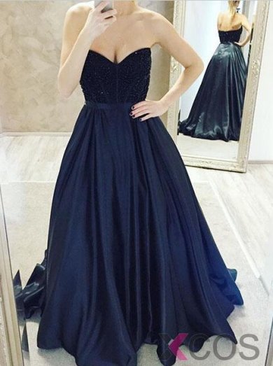 Sexy Sweetheart Beaded Long Prom Dress-Ball Gown Satin Navy Blue Prom dress