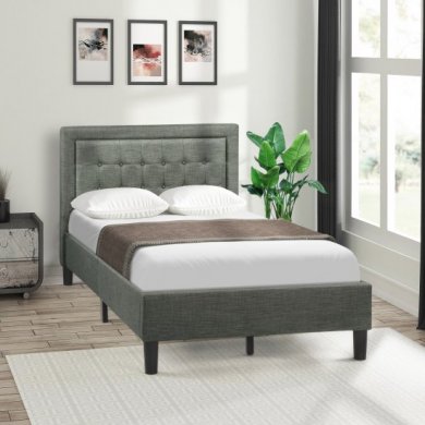 Vipride Button Tufted Platform Bed with Strong Wood Slat Support Twin Bed Frame Easy Assembly Mattress Foundation Gray