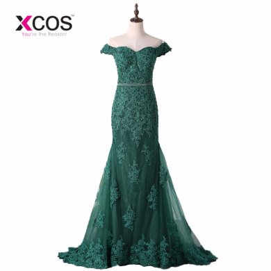 XCOS Plus Size Green Prom Dress Mermaid Tulle Long Party Dress Beaded Pearl Sexy Open Back Evening Dresses 2018