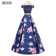 Navy Blue Off Shoulder Two Piece Prom Dresses Long Floral Print 2018 Lace Applique Special Occasion Formal Beaded Evening Gown