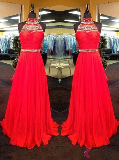 New Arrival A-Line High Neck Floor Length Red Prom/Evening Dress with Rhinestone