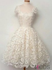 Vintage 2015 Scoop Short Sleeves A-line Lace Homecoming Dresses Prom Gowns CHHD-70969