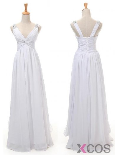 Hot Selling A-line V-neck Floor Length White Bridesmaid Dress With Beading Bridesmaid Dresses CHDT100045