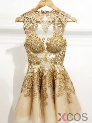 Simple-dress Handmade Scoop Short Gold Tulle 2015 Homecoming Dresses/Cocktail Dresses/Party Dresses TUPD-70676