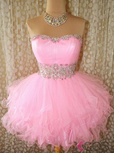 2015 Sexy A-line Sweetheart Sleeveless Tulle Pink Beading Homecoming Dress TUHD-7325