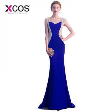 XCOS Royal Blue Evening Dresses 2018 Mermaid Pearls Beaded Crystals Backless Women Long Evening Gown Prom Dress Robe De Soiree