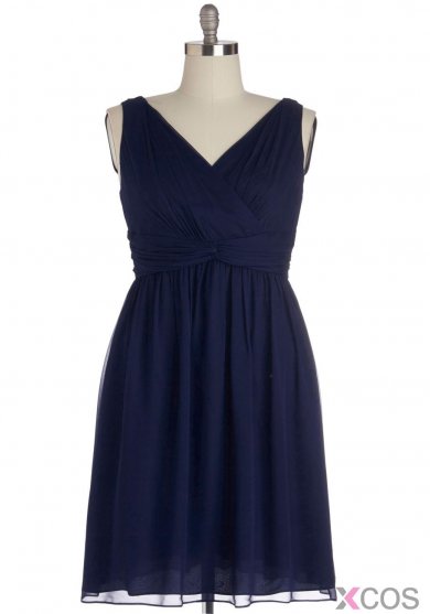 Navy Blue V Neck Short Knee Length A Line Chiffon Bridesmaid Dress CHBD-80068