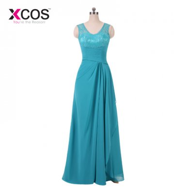 XCOS Sky Blue Vintage Long Evening Dress Elegant Lace Pleat Bride Banquet Floor-length Prom Gown Wedding Party Dress