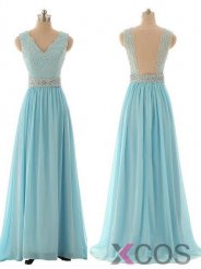 Simple Dress Hot-selling A-line V-neck Long Chiffon Applique Sparkle Light Sky Blue Prom Dresses/Evening Dresses CHPD-7018