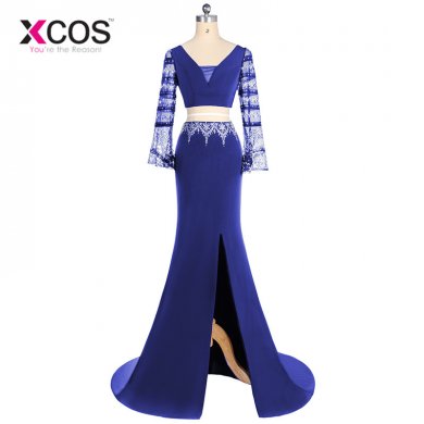 XCOS Purple Two Pieces Sexy Prom Dresses 2018 Beading Mermaid Party Dress robe de soire Side Slit Evening Gowns vestidos elegant