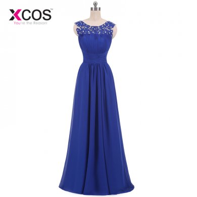 XCOS 2018 Elegant Long Evening Dresses with Lace Appliques Beading Royal Blue Prom Gowns Women Party Dresses vestido de noiva