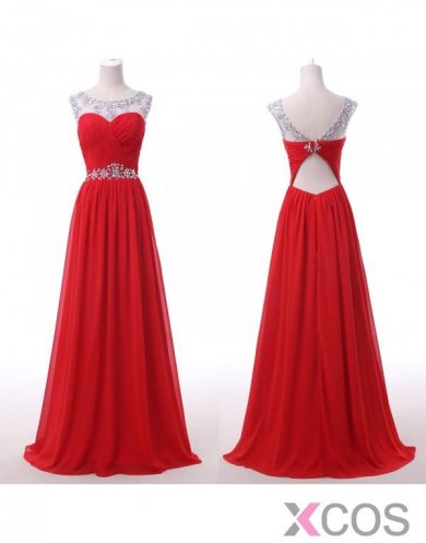 Simple Dress Elegant A-line Beading Scoop Red Long Chiffon Prom Dresses/Graduation Dresses/Evening Dresses CHPD-7030