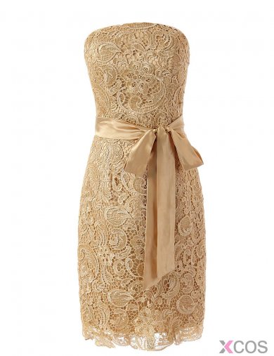 Elegant Strapless Champagne Lace Short Bridesmaid Dress