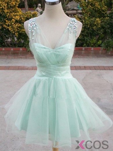 Simple-dress 2015 A-line V-neck Mini Organza Beading Homecoming Dress ORHD-8088