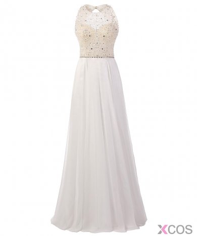 Elegant Jewel Beading Long White Prom Dress Formal Evening Gown Backless