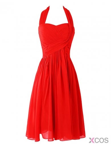 Simple Halter A-Line Ruffles Red Short Bridesmaid Dress