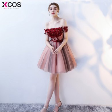 cocteleria 2018 Red Popular off the Shoulder Short Beautiful Appliques Cocktail Gowns Flower Pattern Sashes Bow Cocktail Dress