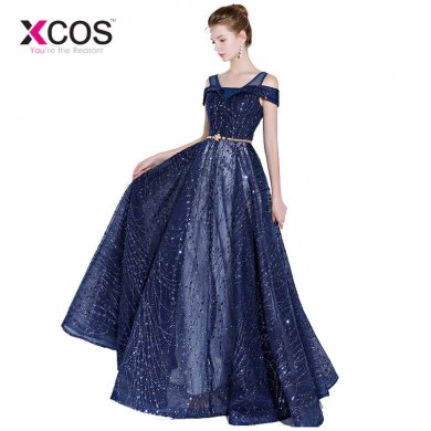 XCOS Vestidos Graduacion 2018 Navy Blue Dress Prom Long Graduation Dresses Bling Evening Gowns Vestido Longo Azul