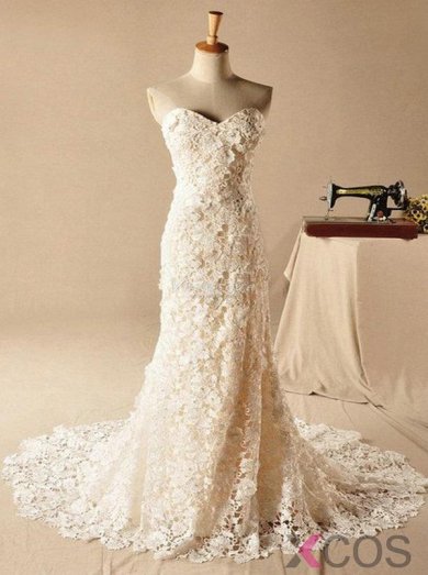 Column Sweetheart Long Lace Wedding Dress-White Lace Sleeveless Dress LAWD-70944