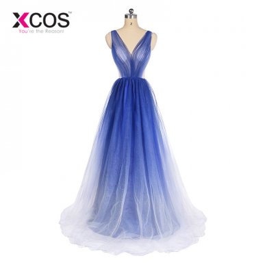 XCOS Ombre Blue Prom Dresses 2018 New Arrival Long Tulle Party Dress Floor Length Backless Sexy Evening Gowns for Women