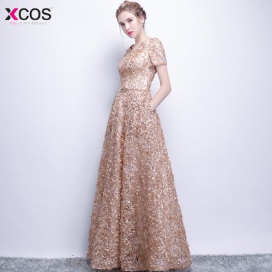 New Evening Dresses 2018 Khaki Color Lace Floor-length Long Prom Dress with belt Party Formal Gown