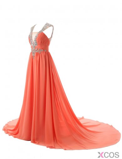 Sexy A-line V-neck Sweep Train Orange Prom Dress With Sequins