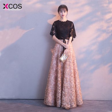 Robe De Soiree 2018 New Evening Dress Black With Khaki Color Lace Floor-length Long Prom Party Gowns