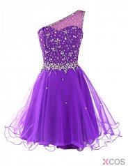 Timeless One-shoudlder Beading Purple Short Cocktail Dress Prom Gown