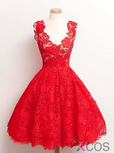 Vintage 2015 Scoop Red Lace Knee-Length Homecoming Dresses Prom Gowns LAHD-70967