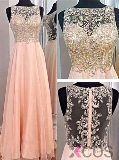 Simple Dress Luxurious A-line Beading Scoop Long Chiffon Prom Dresses, Evening Dresses CHPD-7124