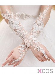 Lace Hollow Elbow Length Bridal Gloves With Rhinestones