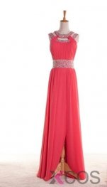 Simple Dress Sexy Beading Scoop Slit Watermelon Long Chiffon Prom Dresses/Evening Dresses CHPD-7119