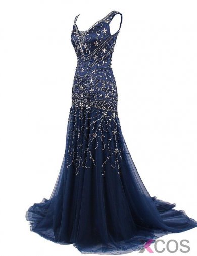 Elegant A-line Sweep Train Scoop Neck Navy Tulle Prom Dress